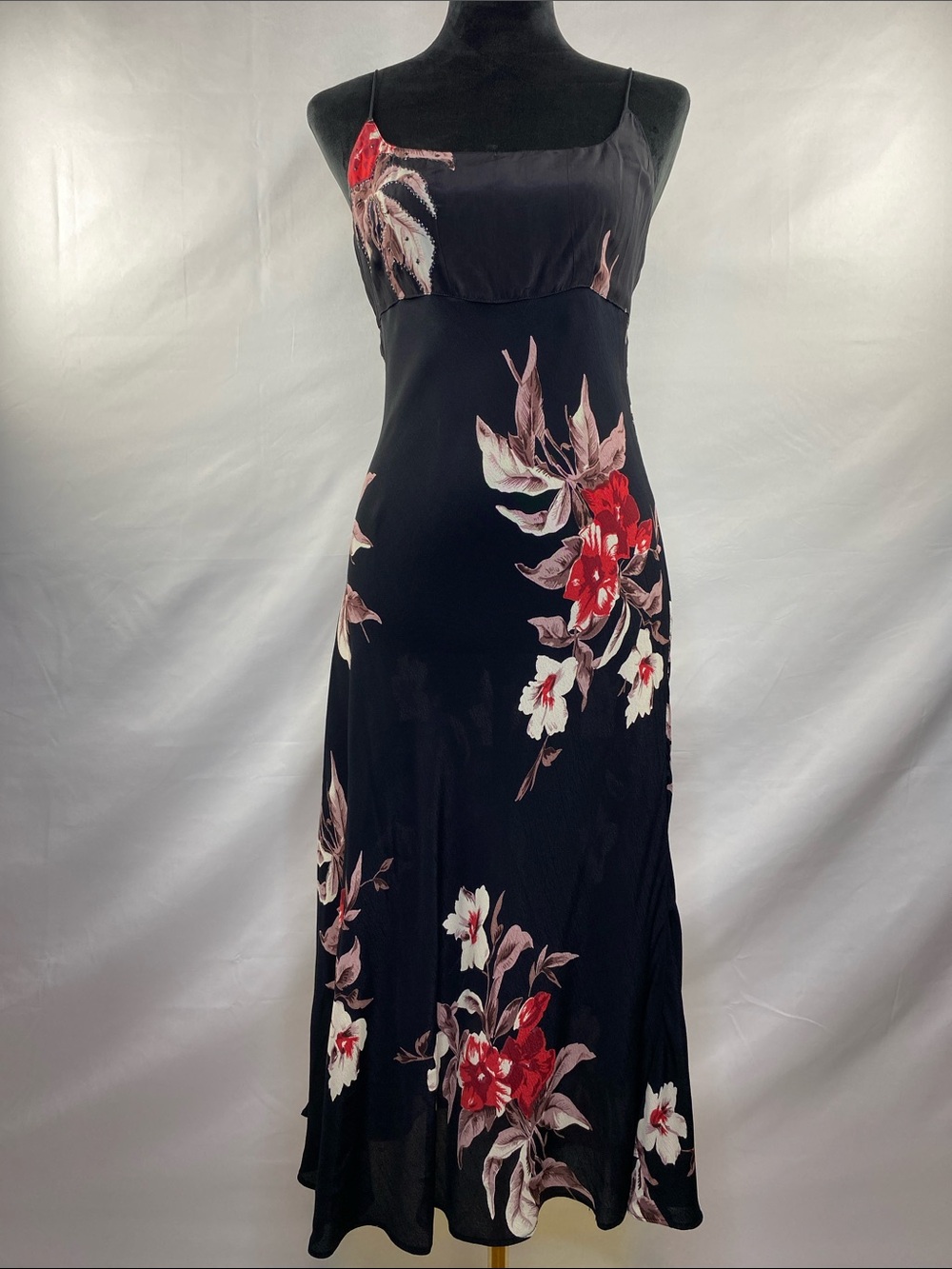 Vintage Y2K Angie Black Floral Sequin Midi Slip Dress Lace Up Back Empire Waist